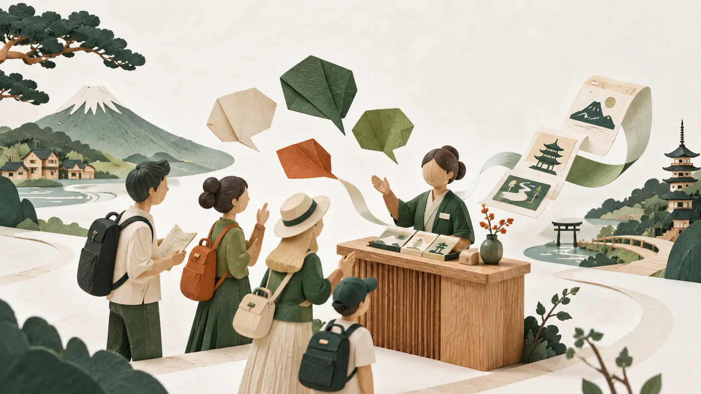 人による確認を中心に、翻訳と案内の道具を配した概念イラスト