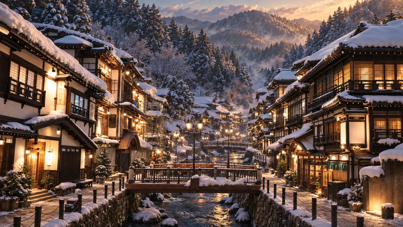 銀山温泉の雪景色と温泉街のAIデフォルメイメージ