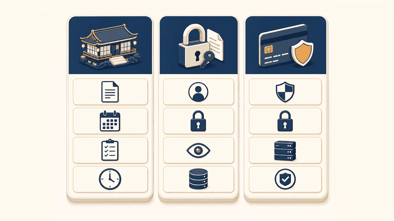 図1：宿泊事業のデータガバナンス 3 層構造（旅館業法 / 個人情報保護法 / PCI DSS）。各列に対象データ・期間・守る方法を整理。